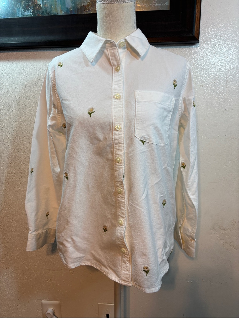 Lands' End White Button-Down Shirt with Small Green Floral Embroidery